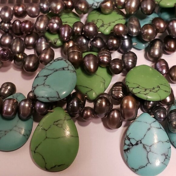 Black Freshwater Pearl with Turquoise & Green Howlite Teardrop 3 Strand Necklace - Picture 3 of 7